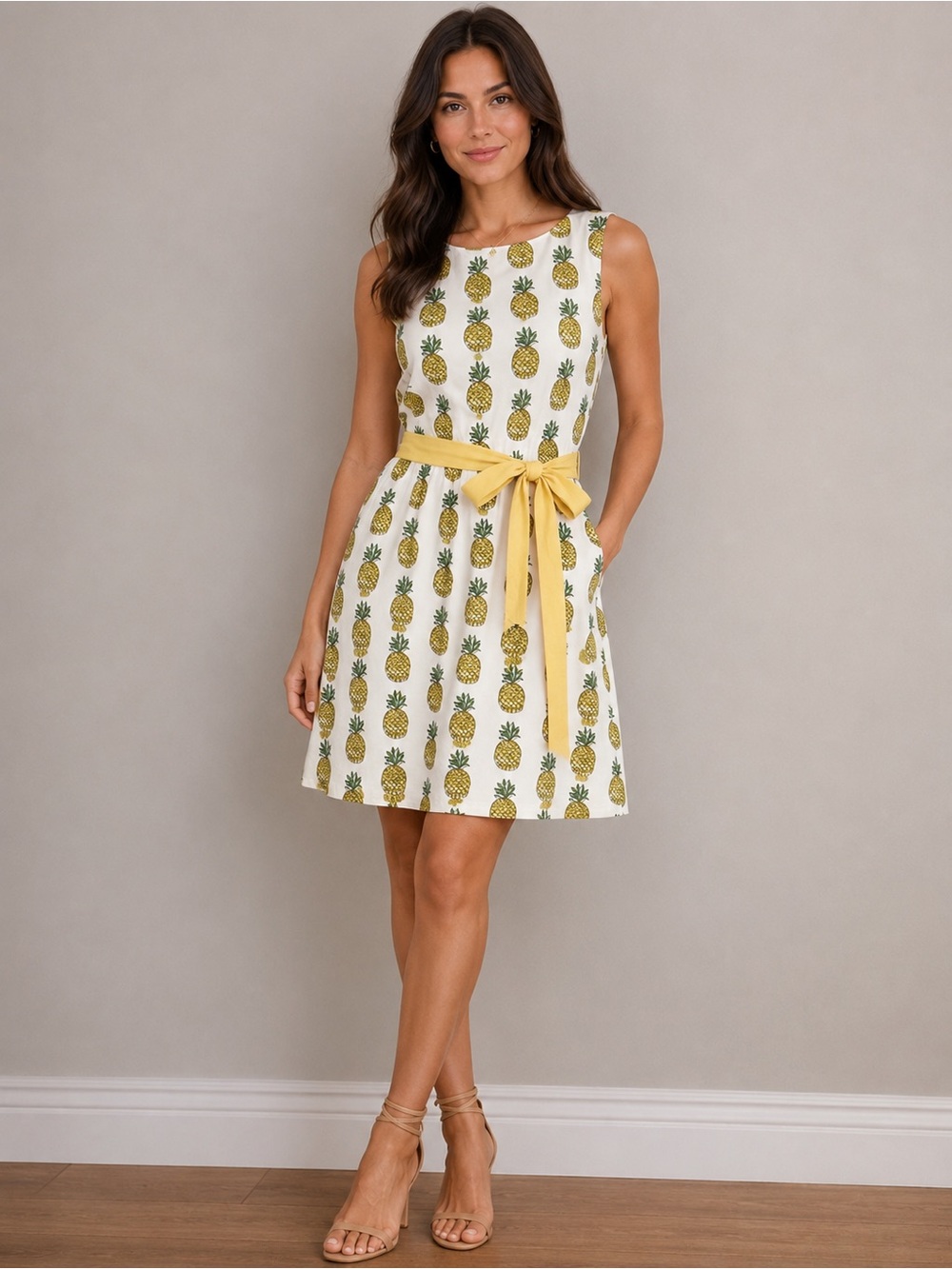 Garnet Hill Cotton Sleeveless Fit and Flare Pineapple Print Summer Dress Sz 14